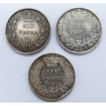 Three Victorian young head sixpences, all VF, 1850, 1851 and 1852