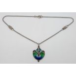 Art Nouveau silver pendant set with green and blue enamel, marked John Baker Bennett & Co, circa