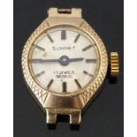 Summit 9ct gold ladies wristwatch with black hands, two-tone baton markers, silver dial, engraved