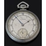 Longines keyless winding open faced pocket watch with subsidiary seconds dial, blued hands, black
