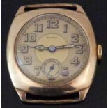 Huber 14ct gold gentleman's wristwatch with inset subsidiary seconds dial, blued and luminous hands,