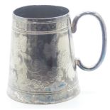 Chinese white metal tankard with script to base, height 12.5cm