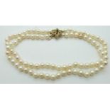 A double strand pearl necklace with 9ct gold clasp set with a sapphire and diamonds