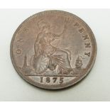 1875 Victorian later young head bronze penny, near unc, with lustre