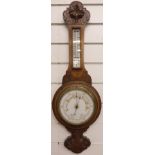 Banjo style early to mid twentieth century aneroid barometer / thermometer, white glass dial with
