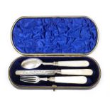Victorian cased hallmarked silver knife, fork and spoon set with mother of pearl handles, Birmingham