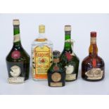 Five bottles of alcohol including DOM Benedictine 100cl, 40% vol, similar 75cl and Grand Marnier 40%