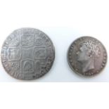 1715 George I shilling, first head, roses and plumes in angles reverse, F, together with an 1829