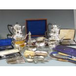 A large quantity of silver plate including Edwardian tea set, hallmarked silver handled knives,