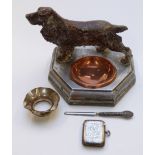 Figural desk tidy/ pin tray with Springer Spaniel mount, silver vesta etc, width 15cm