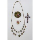 A micro mosaic necklace, micro mosaic brooch and an enamel cross