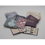 Ten Royal Mint UK coinage brilliant uncirculated coin sets, 1970's and 1980's and some First Decimal