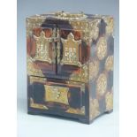 Chinese stained elm brass bound jewellery cabinet with decorative brass mounts and flush fit heart