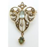 Art Nouveau 9ct gold brooch/ pendant set with seed pearls and topaz