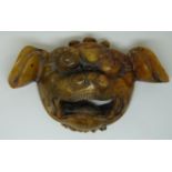 Chinese soapstone Dog of Fo mask with engraved character mark verso. 11cm x 5.5cm x 3.5cm