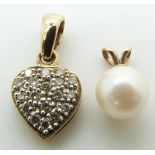 A 9ct gold heart pendant set with diamonds and a 9ct gold pendant set with a pearl