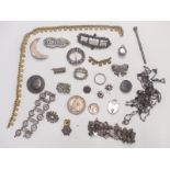 A collection of jewellery including cut steel, paste, silver ring, white metal fleur de lys