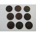 Eight British 18thC copper halfpenny/Conder tokens, Leeds, London, Macclesfield, Leek, India