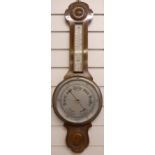 Banjo style mid twentieth century aneroid barometer / thermometer, British made to silvered style