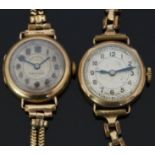 Two 9ct gold ladies wristwatches both with blued hands, Arabic numerals and silver faces, on gold