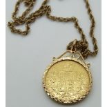 An 1864 gold full sovereign in 9ct gold mount, on 9ct gold rope chain, 14.5g