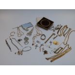 A collection of costume jewellery to include chains, lighter, Avon necklace, 9ct gold necklaces,