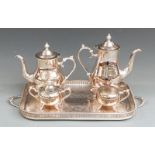 Silver plated tea and coffee set on tray, length 49cm