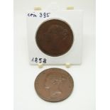 1858 Victorian copper penny OT, EF+ together with a further 1858 over 7 example, VF+