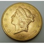 1903 USA Liberty head twenty dollar gold coin, San Francisco Mint, 33.4g