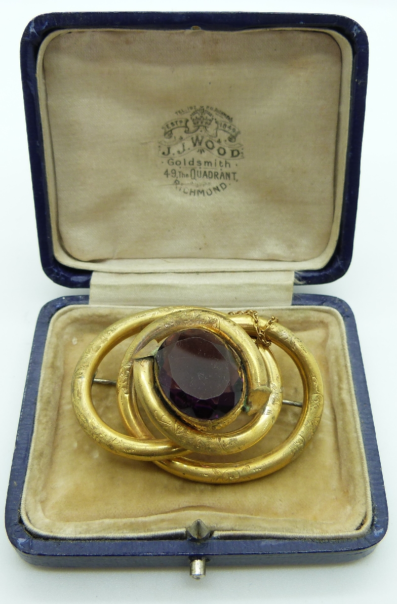 Victorian pinchbeck knot brooch set with a large stone, in J.J.Wood, Richmond box, 5.6 x 3.8cm