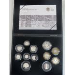 Royal Mint 2009 silver proof coin set comprising 12 coins from five pounds to one penny, with