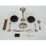 Hallmarked silver pin tray, hallmarked silver teapot, vase, hallmarked silver spoon and a spoon