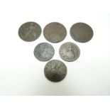 George II halfpenny 1735 younger head, 1753 GF, 1746 F, and three farthings 1731 young head 1737 and