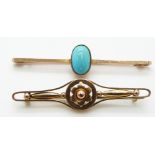 A 9ct gold brooch set with a turquoise cabochon and another Edwardian brooch