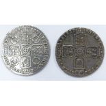 George II 1745 sixpence, old head, roses in angles, F, together with a 1758 plain angles example,