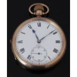 Zenith 9ct gold keyless winding open faced pocket watch with inset subsidiary seconds dial, blued