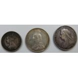 1900 veiled head Victorian crown, an 1889 Jubilee double florin and an 1883 Gothic florin, all