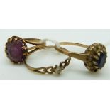 A 9ct gold ring set with an amethyst and two other 9ct gold rings