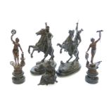 Five classically themed spelter figures including two on horseback, tallest 36cm