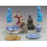 Chinese pewter tobacco or tea caddy, Chinese figures, cloisonné dishes, Dog of Fo figures etc,