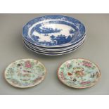 A collection of 19thC Chinese blue and white bowls and two plates