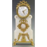 Early twentieth century Alabaster drum cased mantel clock the enamel Arabic dial with filigree brass