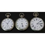 Three keyless winding open faced pocket watches all with subsidiary seconds dials, blued hands,