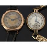 Two 9ct gold ladies wristwatches both with blued hands, two tone faces and black Arabic numerals,