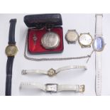 Seven various wrist and pocket watches including a continental silver full hunter pocket watch,