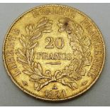 Republique Francais 1851 gold 20 Franc coin 'A' mint mark, 6.40g