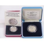 Royal Mint silver proof one pound coin together with a 1995 silver proof two pound example, both