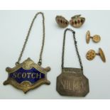 A feature hallmarked silver Sherry label, an enamel Scotch label, pair of silver cufflinks and a