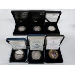 Six silver proof commemorative coins including two 2015 £5 The Royal Birth, Queen Mother 90th
