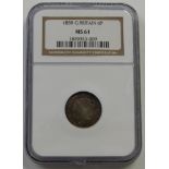 1859 NGC slabbed first young head Victorian sixpence, MS 61, with toning